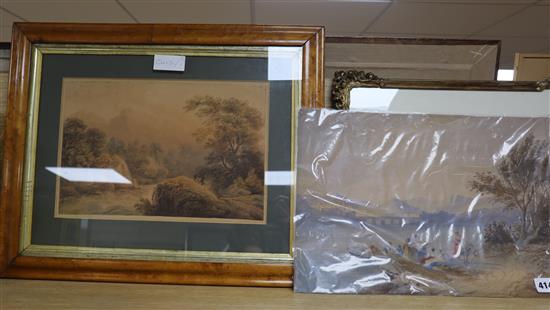 19th century English School, two watercolours, Travellers beside a river and an Italian party crossing a lake,
